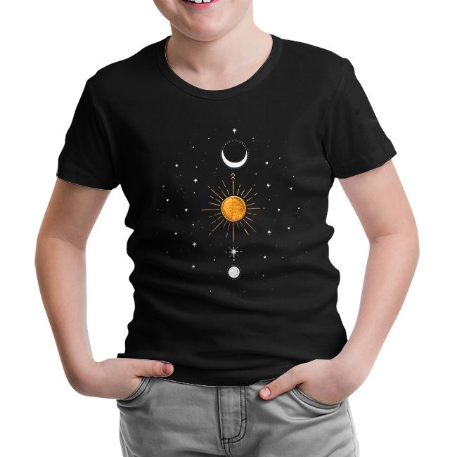 Güneş Ay ve Yıldızlar Siyah Çocuk Tshirt