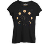 Phases of the Golden Moon in Space Siyah Kadın Tshirt