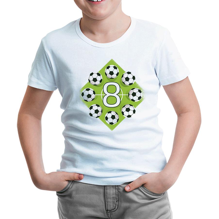 8 Years Old Birthday with Soccer Balls on the Field White Kids Tshirt