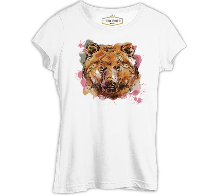 A Bear Head in Pink Watercolor Style Beyaz Kadın Tshirt