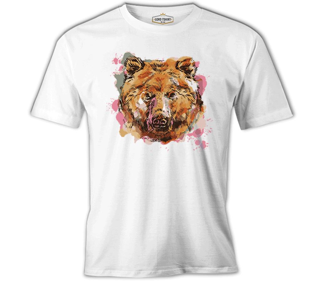 A Bear Head in Pink Watercolor Style Beyaz Erkek Tshirt