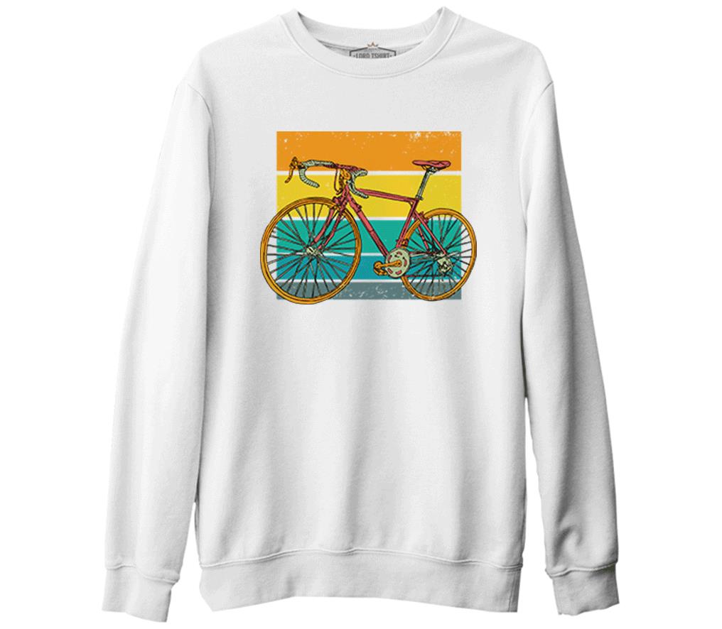 A Bicycle on the Vintage Colorful Background Beyaz Erkek Kalın Sweatshirt