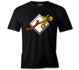 A Biker Performing a Double Seat Stunt on aMotor bike Black Men's Tshirt