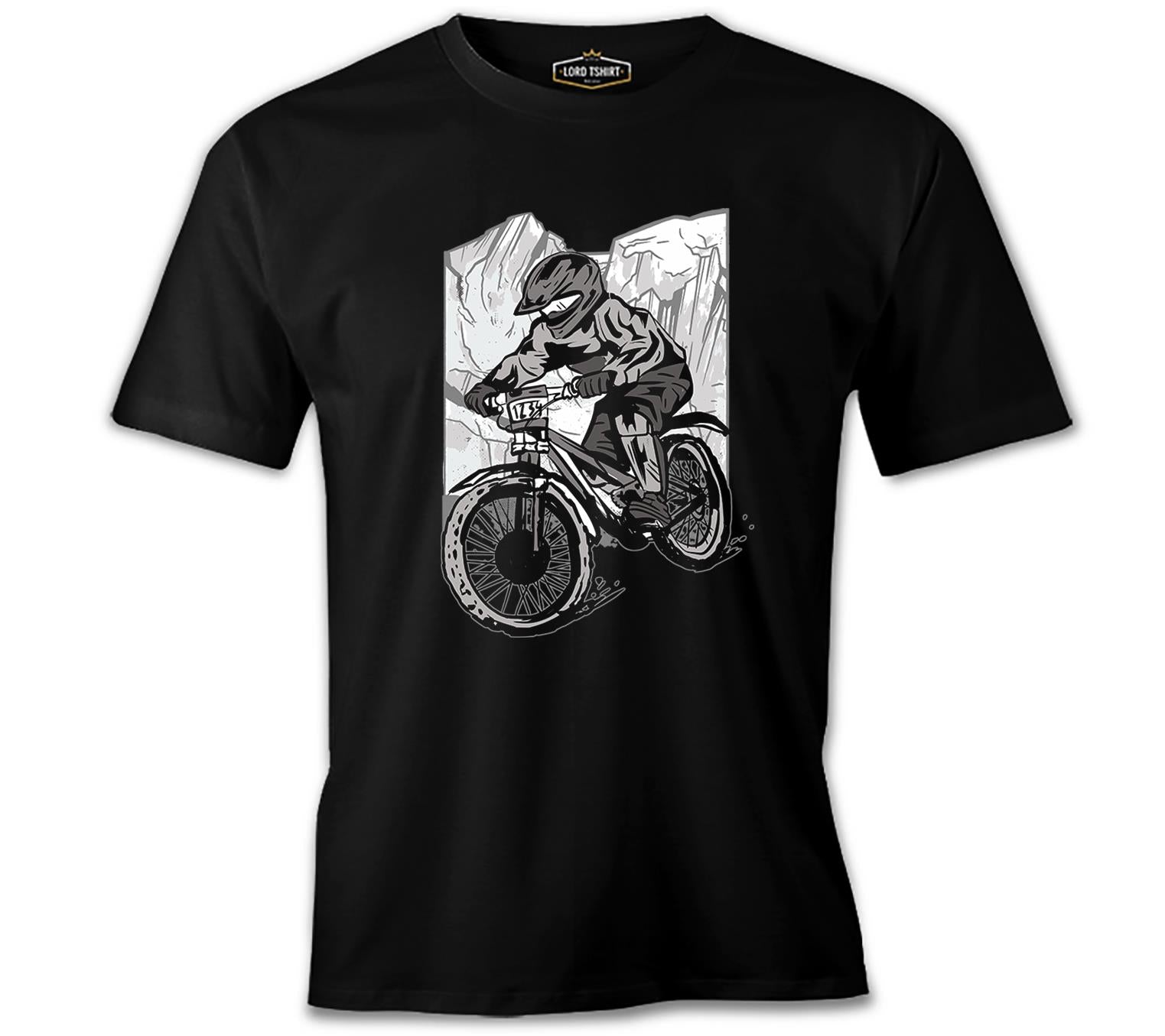 A Biker Riding in Front of the Mountains Black Men's Tshirt
