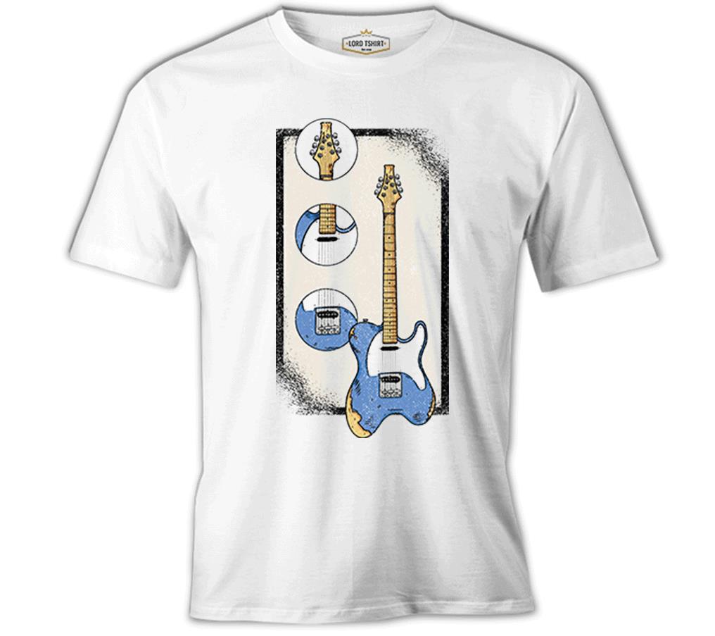 A Blue Electric Guitar and Its Parts Beyaz Erkek Tshirt