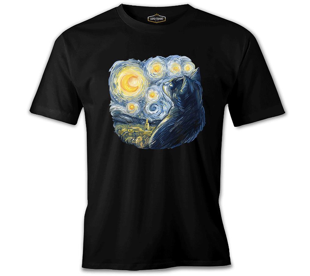 A Cat in Vang Gogh's Starry Night Black Men's Tshirt