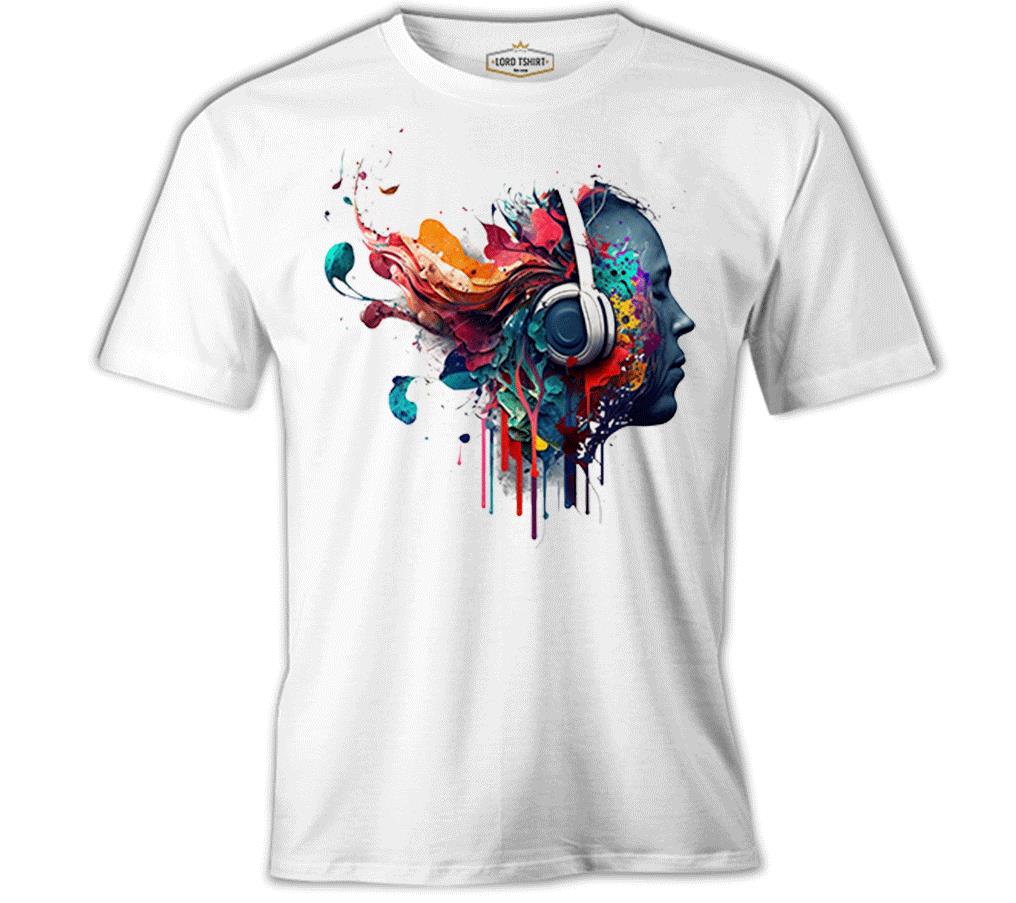 A Digital Person Listening to Music with Headphones Beyaz Erkek Tshirt