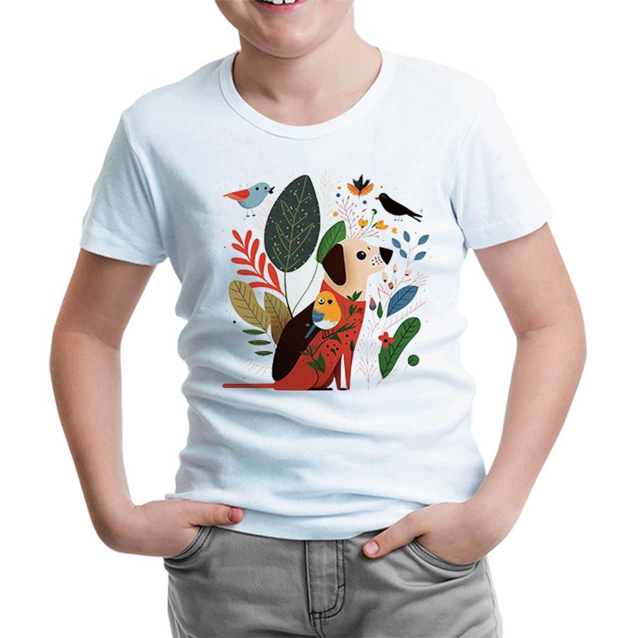 A Dog and Birds with Spring Background Beyaz Çocuk Tshirt