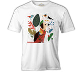 A Dog and Birds with Spring Background Beyaz Erkek Tshirt