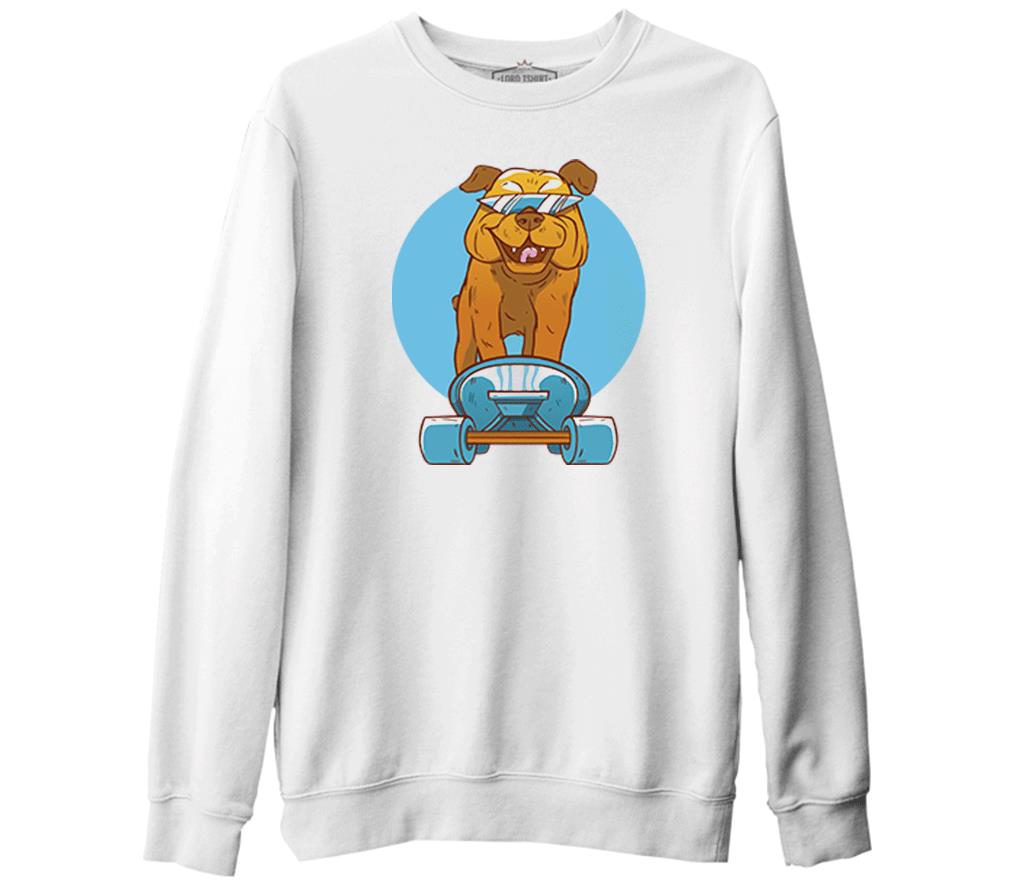 A Dog on a Blue Skate Wearing Sunglasses Beyaz Erkek Kalın Sweatshirt