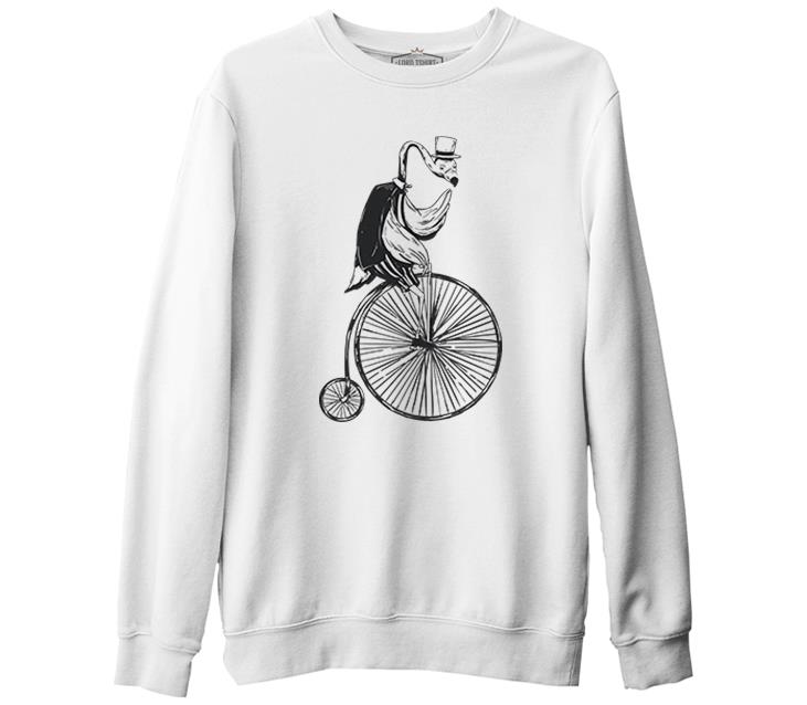 A Flamingo Riding a Bicycle on Wheels Beyaz Erkek Kalın Sweatshirt