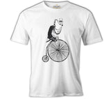 A Flamingo Riding a Bicycle on Wheels Beyaz Erkek Tshirt