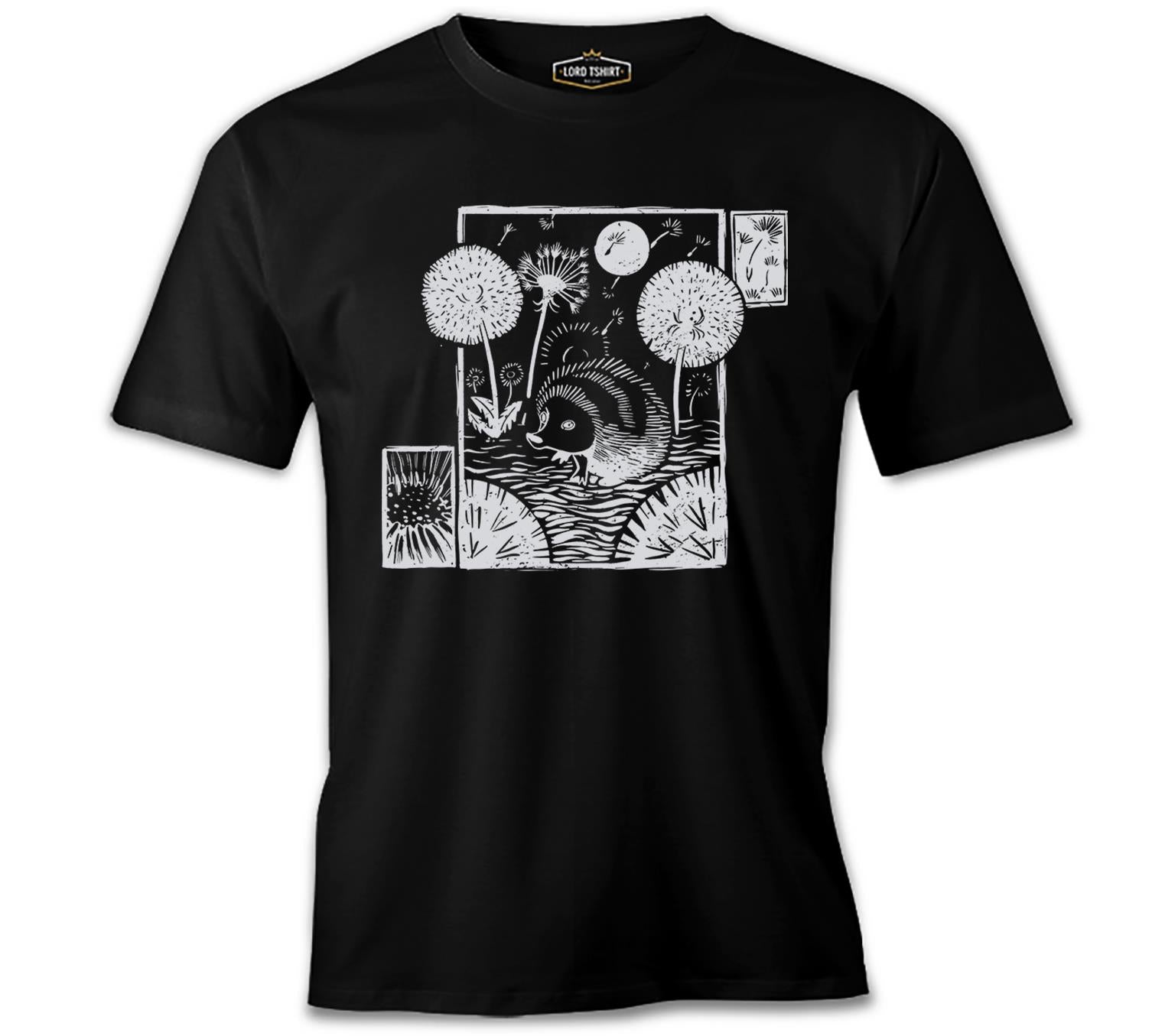 A Hedgehog with Dandelions and Flowers Black Men's Tshirt 