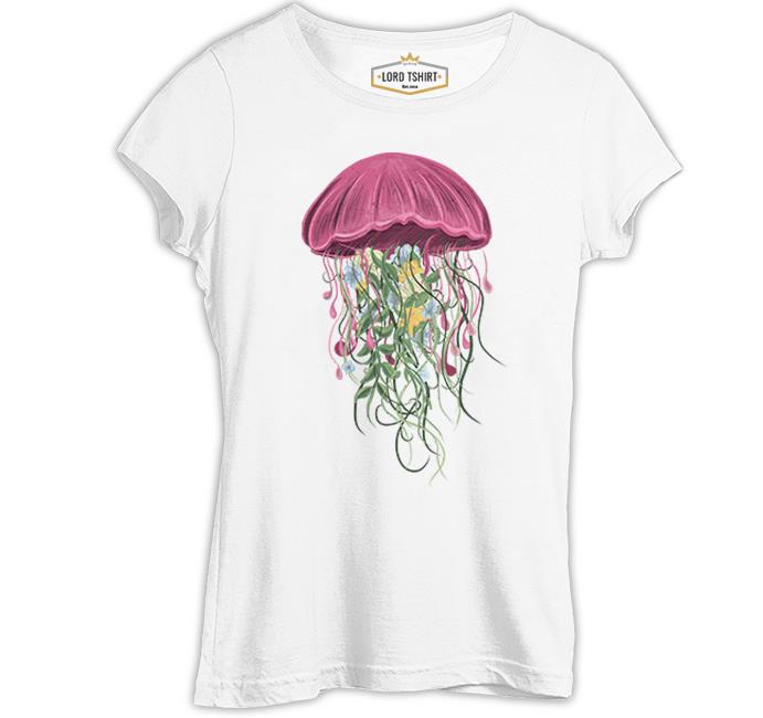 A Jellyfish with Floral Plant Tentacles Beyaz Kadın Tshirt