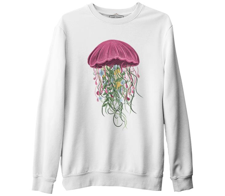 A Jellyfish with Floral Plant Tentacles Beyaz Erkek Kalın Sweatshirt