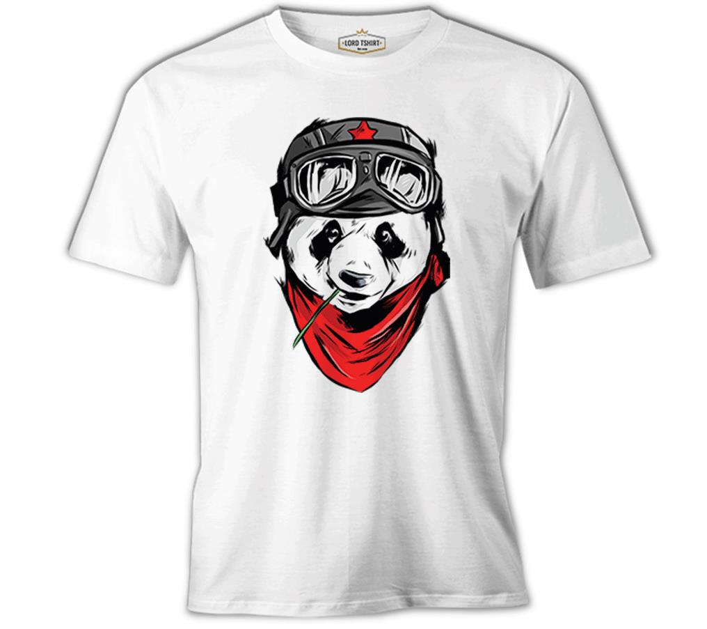 A Panda with a Bamboo in the Mouth Beyaz Erkek Tshirt