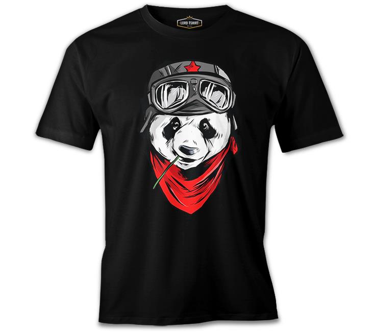 A Panda with a Bamboo in the Mouth Siyah Erkek Tshirt