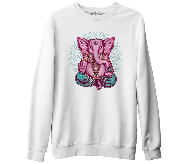 A Pink Elephant Meditating in a Yoga Pose Beyaz Erkek Kalın Sweatshirt