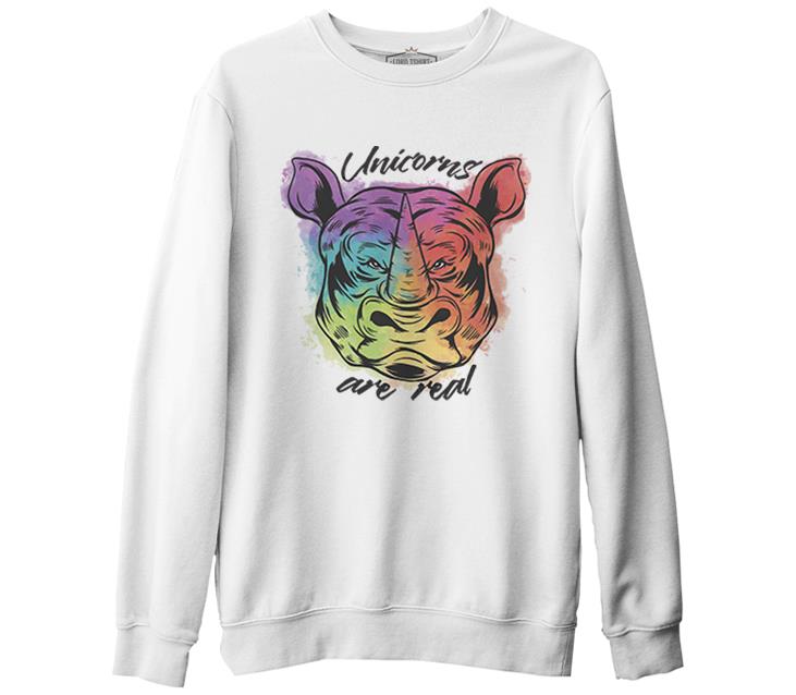 A Rhino with Unicorns Quote Beyaz Erkek Kalın Sweatshirt