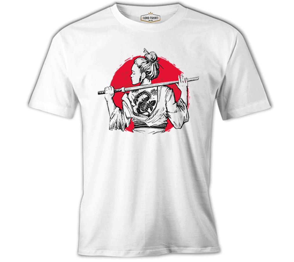 A Samurai Girl with a Tattoo on Her Back Beyaz Erkek Tshirt