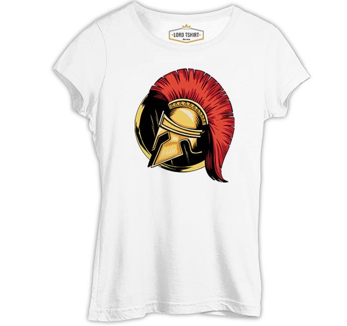 A Spartan Warrior Helmet on a Circular Background Beyaz Kadın Tshirt