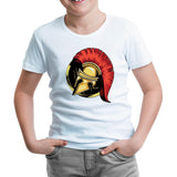 A Spartan Warrior Helmet on a Circular Background White Kids Tshirt