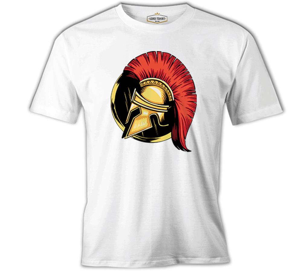 A Spartan Warrior Helmet on a Circular Background White Men's Tshirt