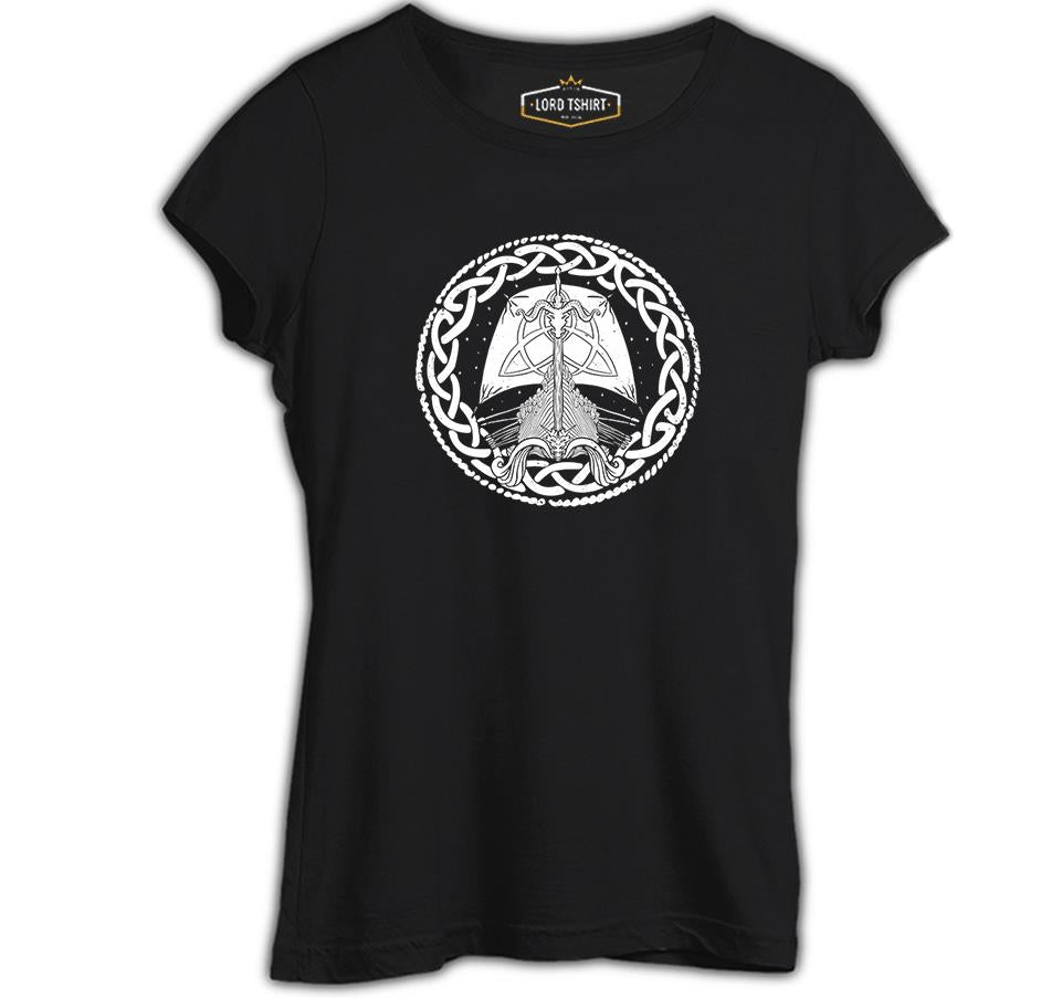 A Viking Longship in a Celtic Knot Black Women's Tshirt