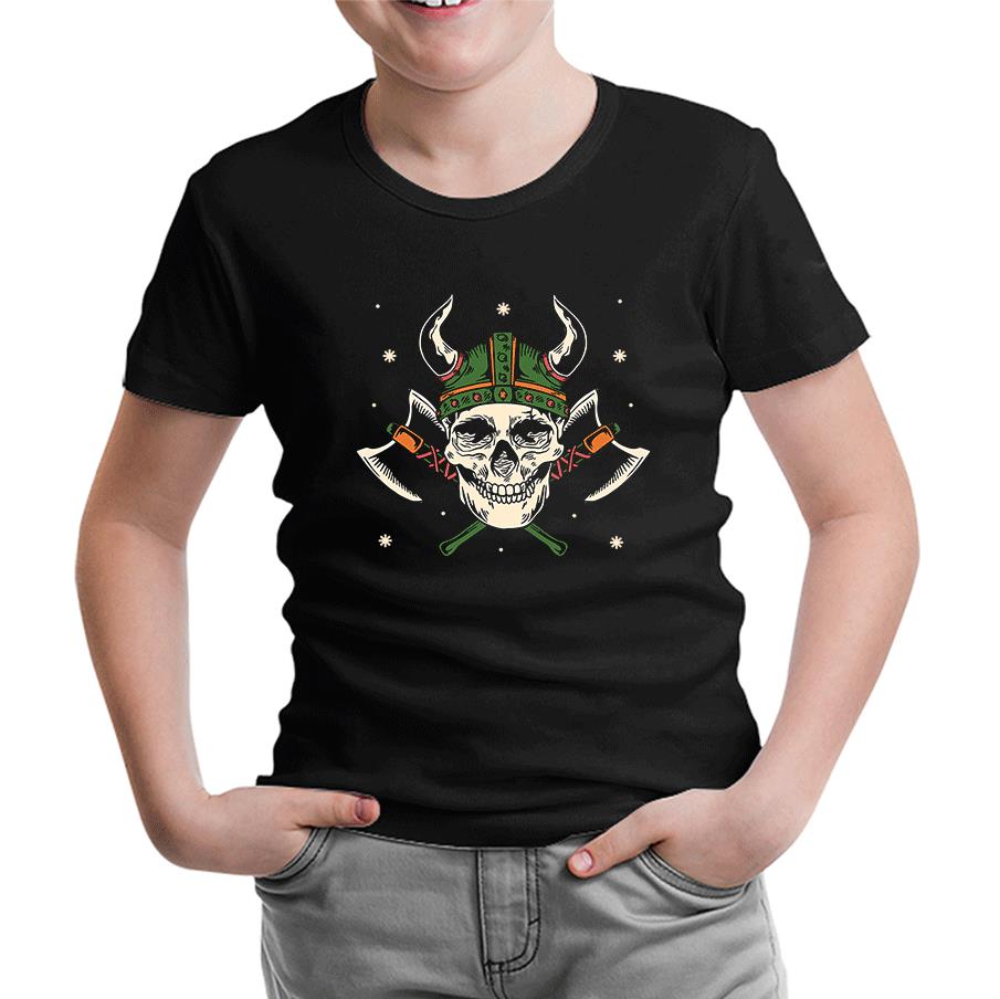 A Viking Skull with a Hammer and Axes Siyah Çocuk Tshirt