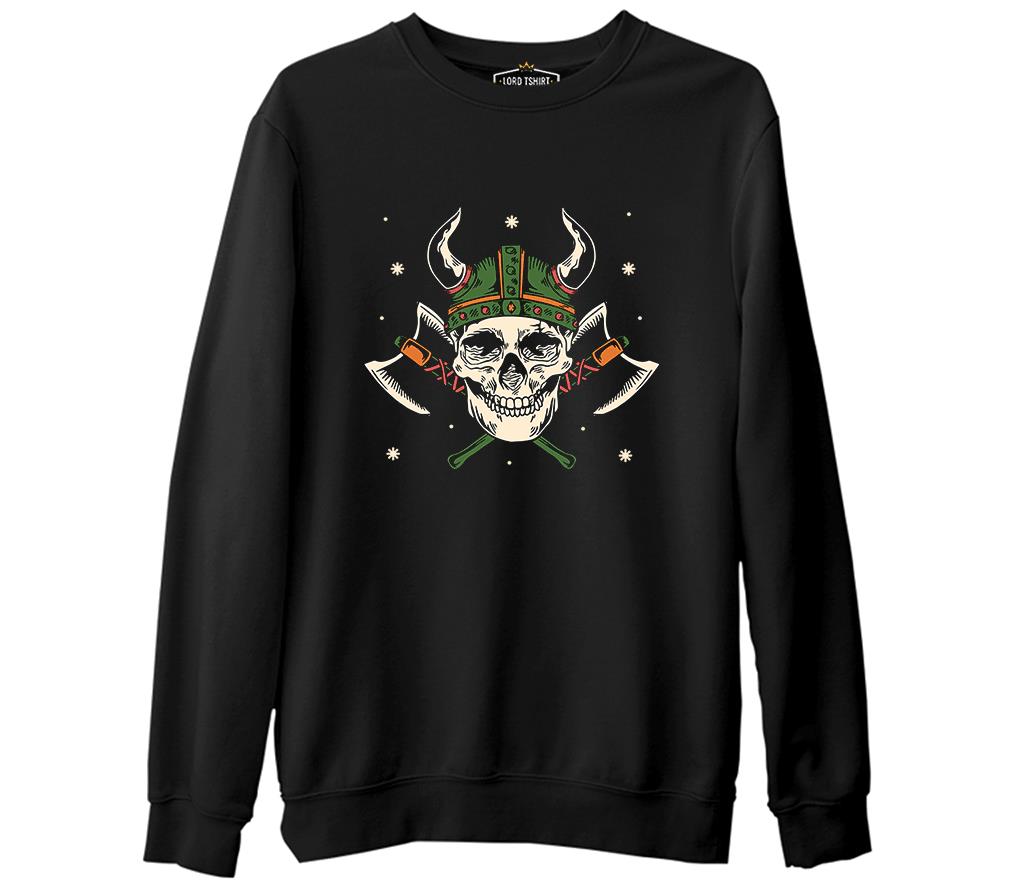 A Viking Skull with a Hammer and Axes Black Men's Thick Sweatshirt