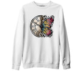A Vintage Clock and a Colorful Butterfly Beyaz Erkek Kalın Sweatshirt
