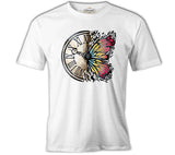 A Vintage Clock and a Colorful Butterfly White Men's Tshirt 