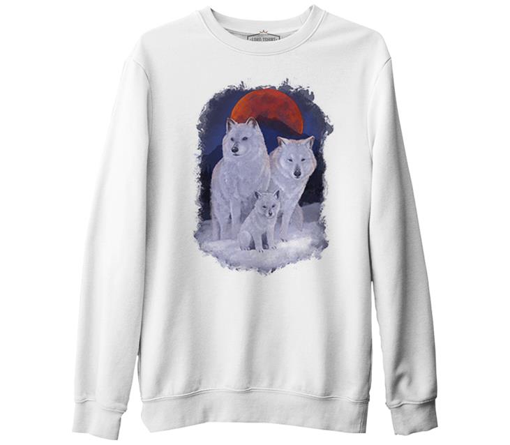 A Wolf Family in front of a Red Moon Scene White Men's Thick Sweatshirt