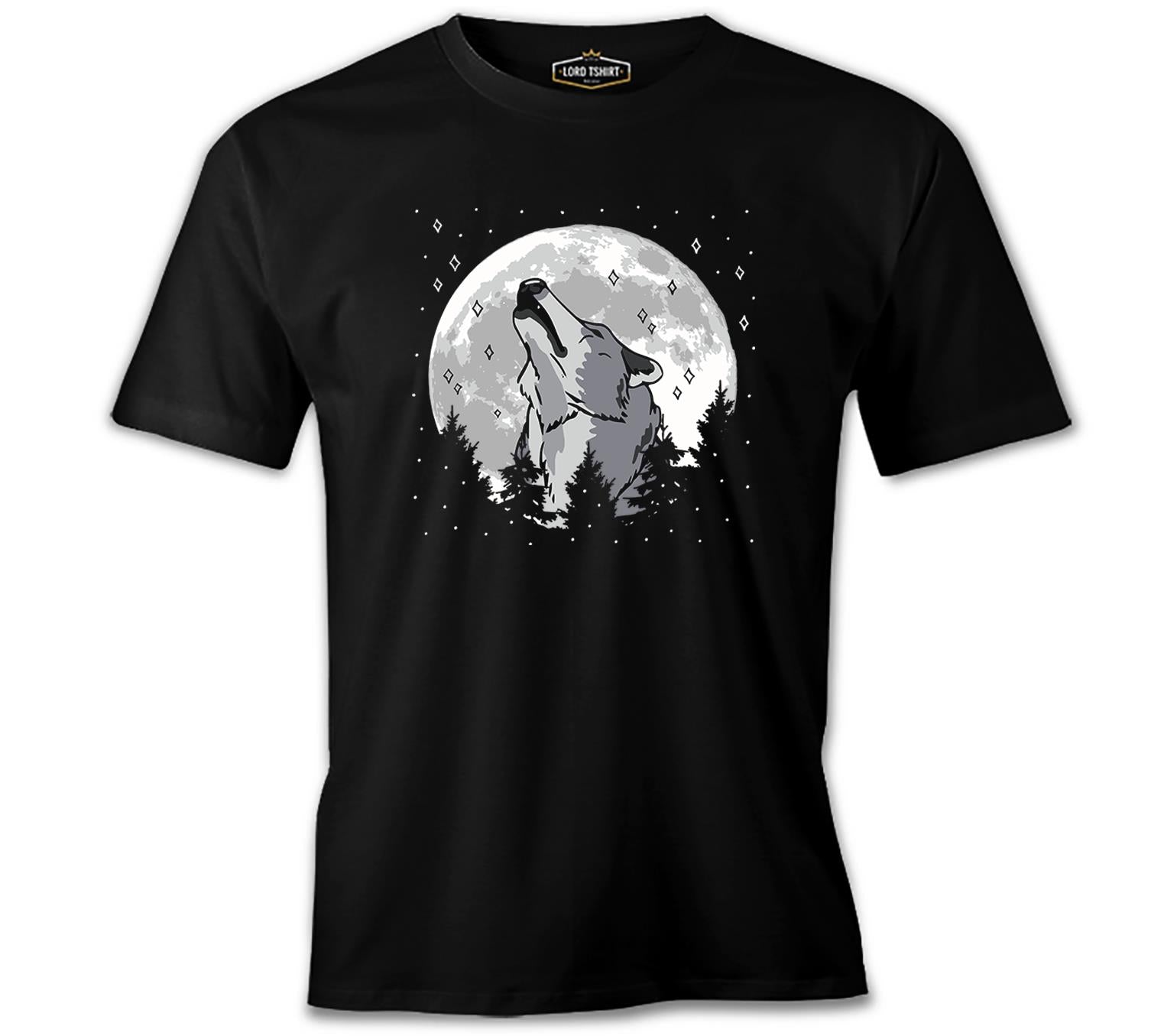 A Wolf Howling in a Starry Forest Background Black Men's Tshirt