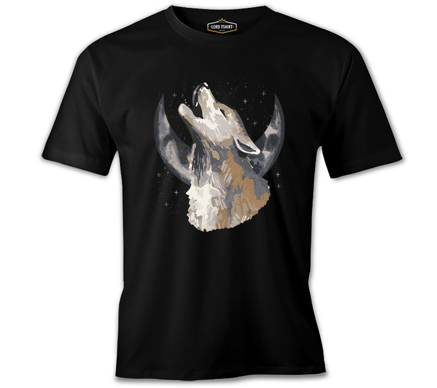 A Wolf Howling with Brown Half Moon Background Black Men's Tshirt