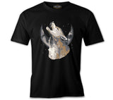 A Wolf Howling with Brown Half Moon Background Black Men's Tshirt