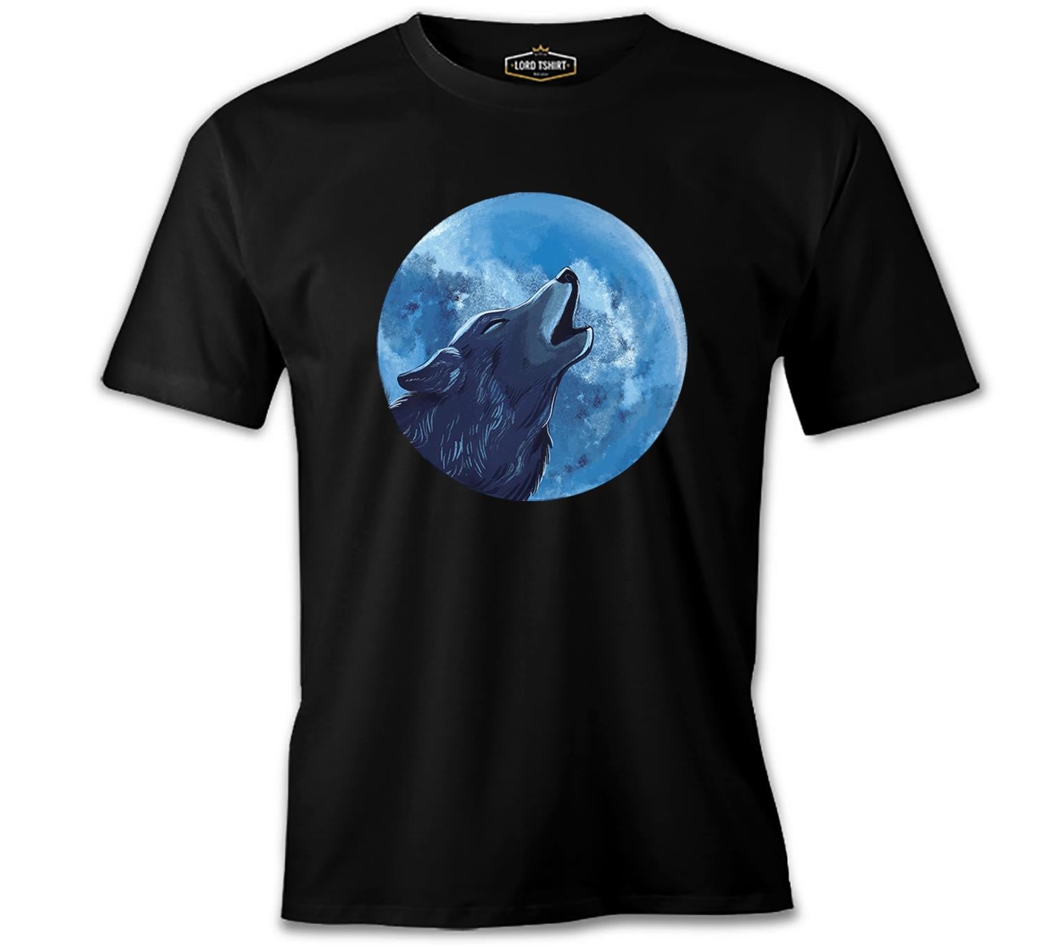 A Wolf Howling with the Blue Moon Background Black Men's Tshirt