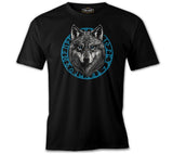 A Wolf with a Blue Circular Viking Logo Background Black Men's Tshirt