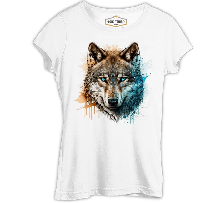 A Wolf with Blue and Yellow Paint Beyaz Kadın Tshirt