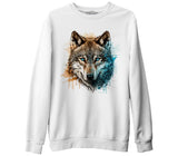 A Wolf with Blue and Yellow Paint Beyaz Erkek Kalın Sweatshirt