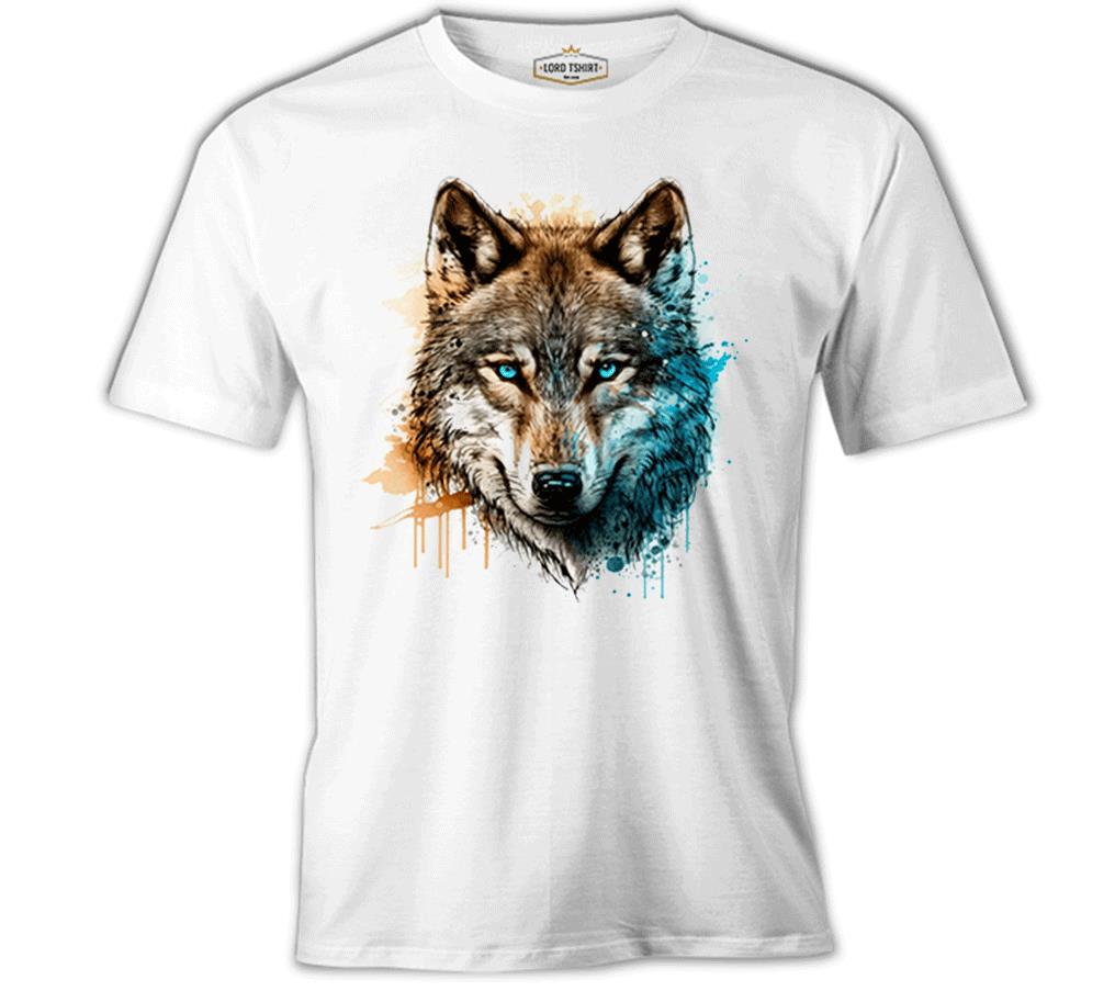A Wolf with Blue and Yellow Paint Beyaz Erkek Tshirt