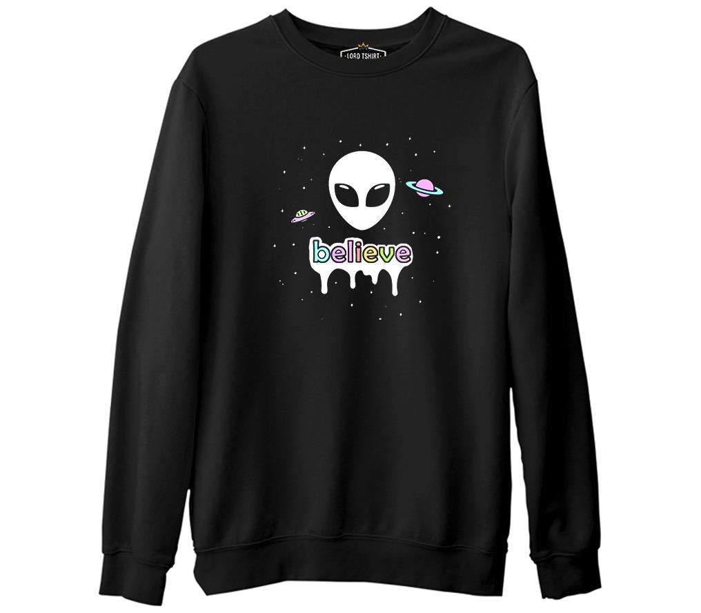 Alien - Believe in Planets Siyah Erkek Kalın Sweatshirt