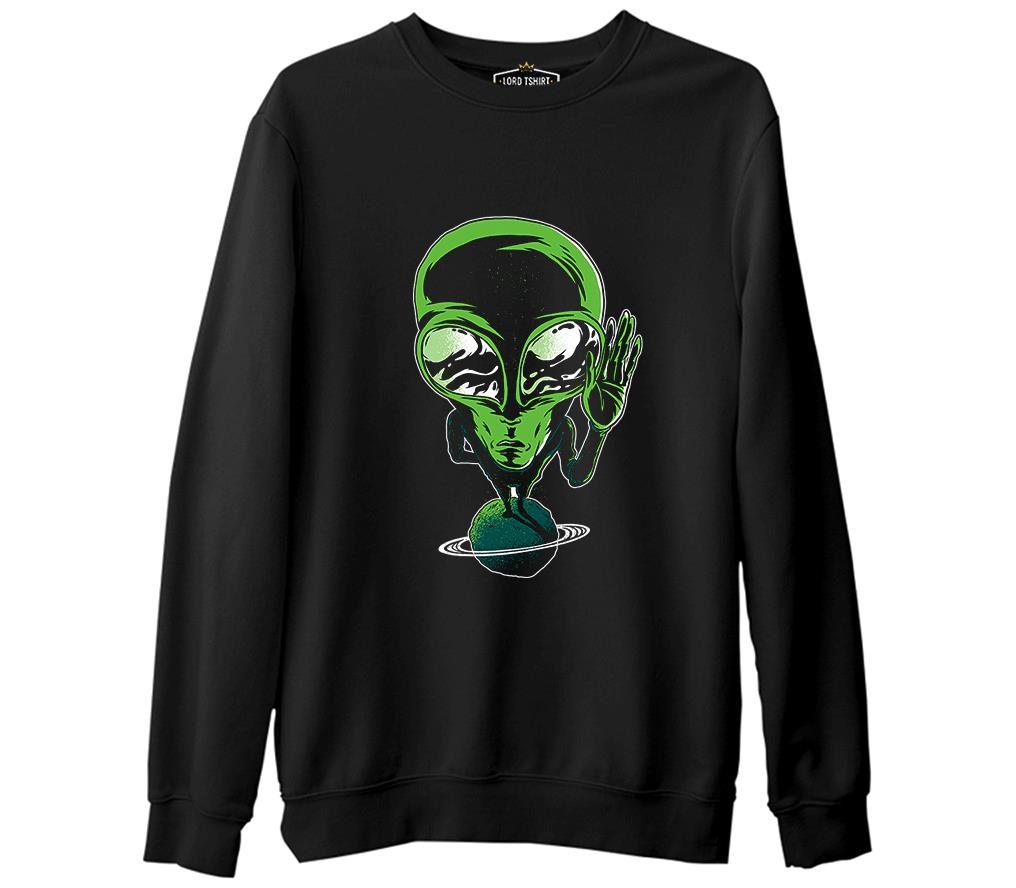 Alien on Planet Siyah Erkek Kalın Sweatshirt