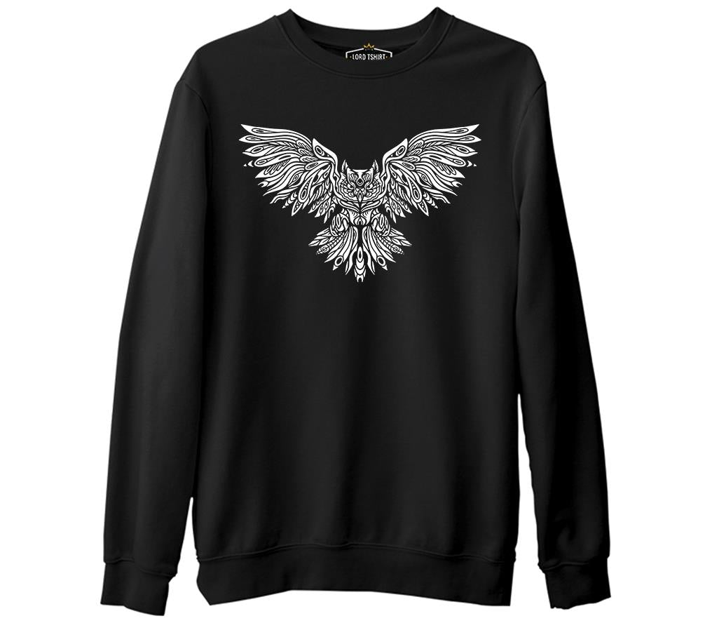 Angry Owl Tattoo Siyah Erkek Kalın Sweatshirt