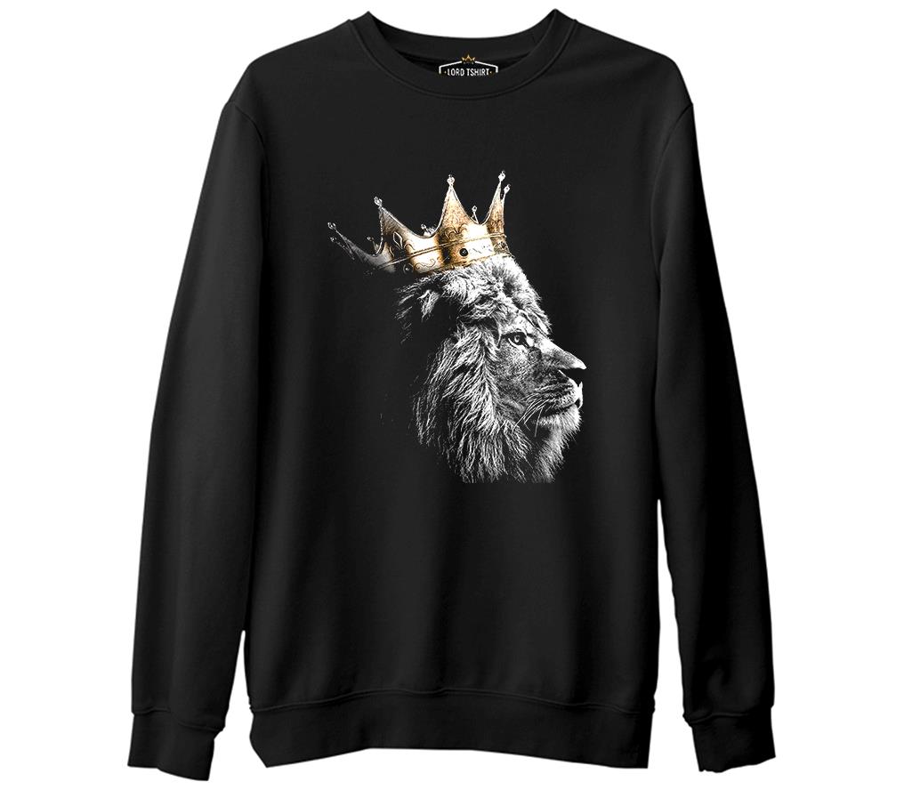 Aslan - Kral Taç Siyah Erkek Kalın Sweatshirt