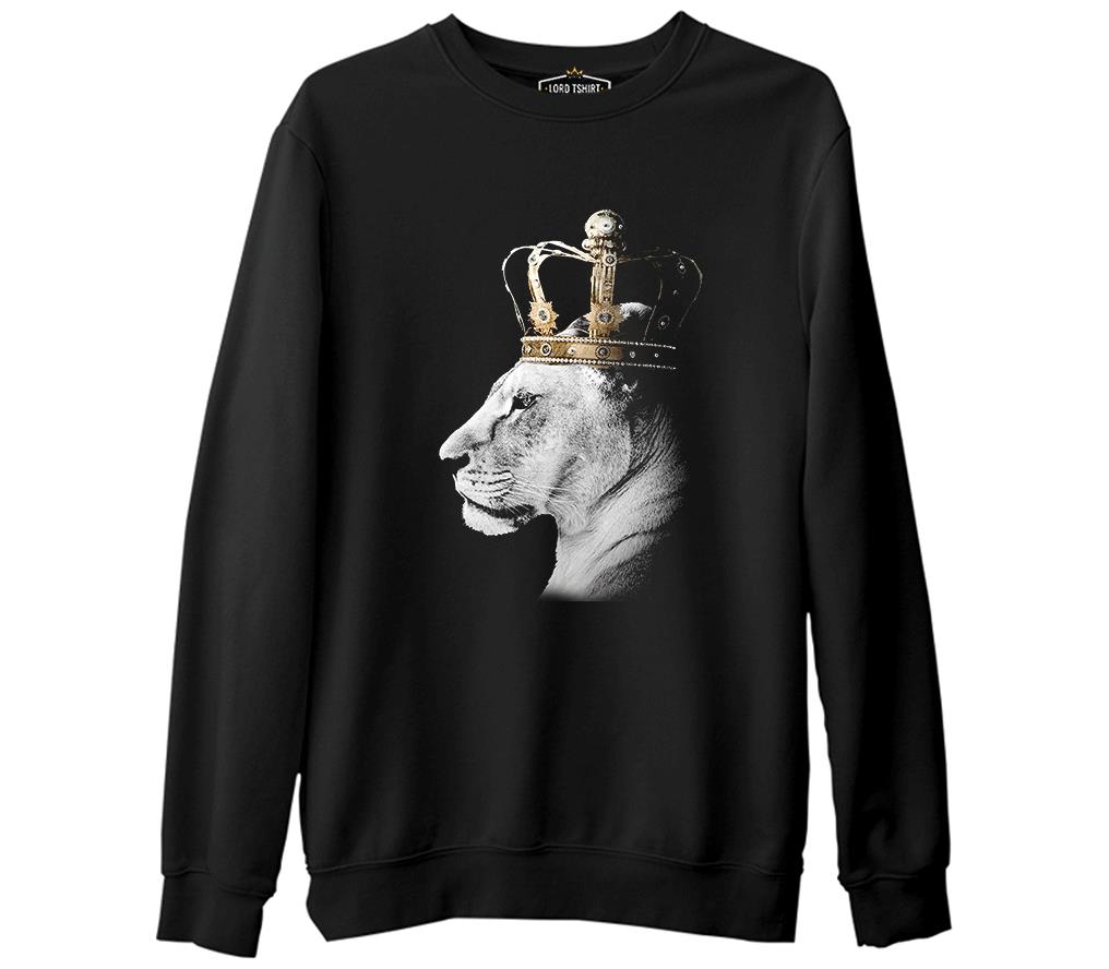 Aslan - Kraliçe Taç Siyah Erkek Kalın Sweatshirt