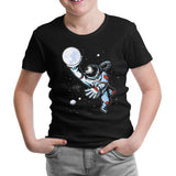 Astronaut Playing Basketball with the Moon Black Kids Tshirt