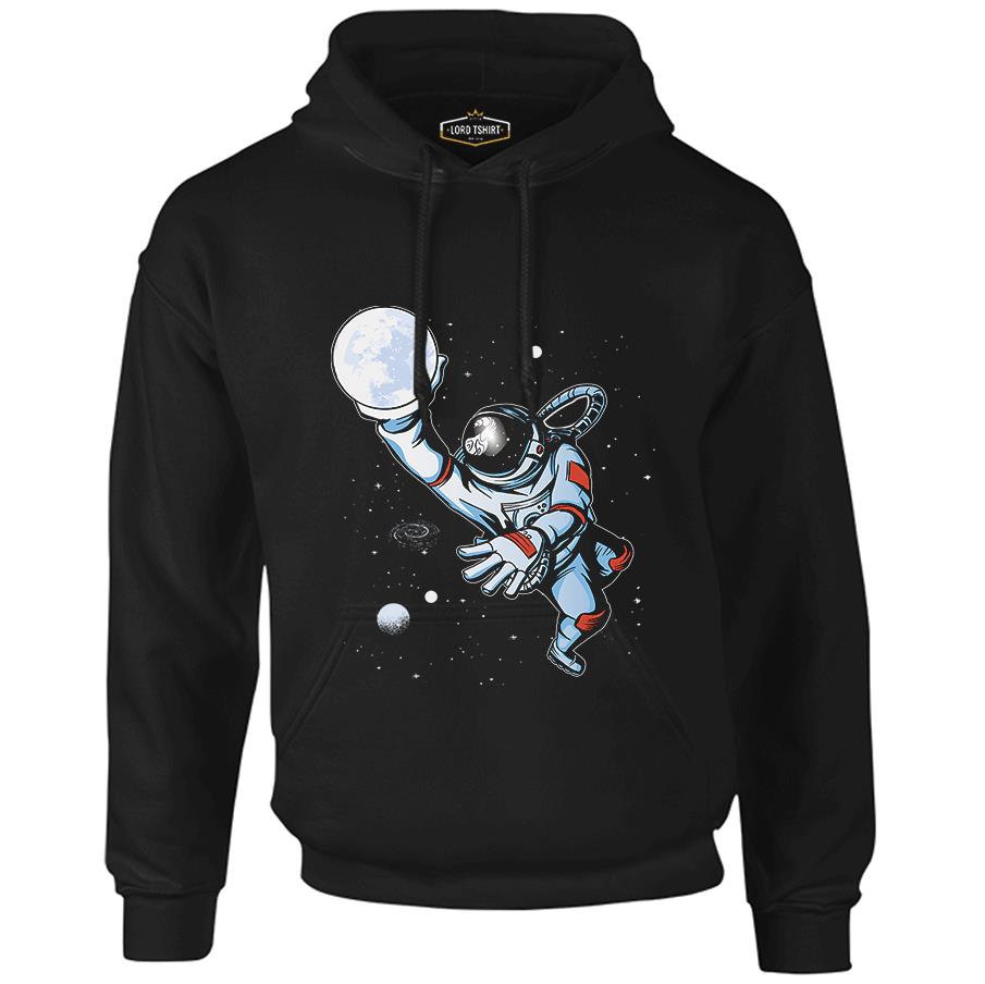 Astronaut Playing Basketball with the Moon Siyah Erkek Fermuarsız Kapşonlu