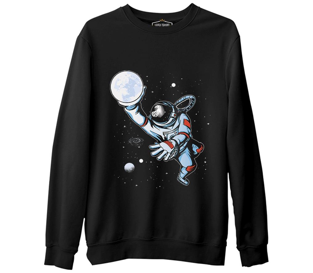 Astronaut Playing Basketball with the Moon Siyah Erkek Kalın Sweatshirt