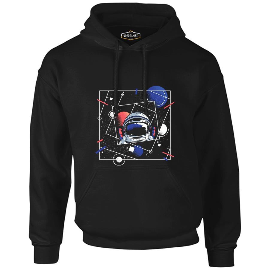Astronaut with a Geometric Space Background Siyah Erkek Fermuarsız Kapşonlu